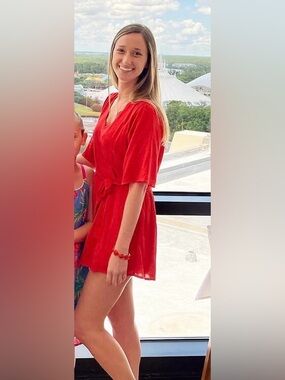 June & Ivy Red Scalloped V Neck Romper with Tie Waist